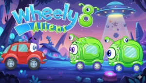 Wheely the red car interacting with green aliens and a broken spaceship in Wheely 8 level 8 gameplay.